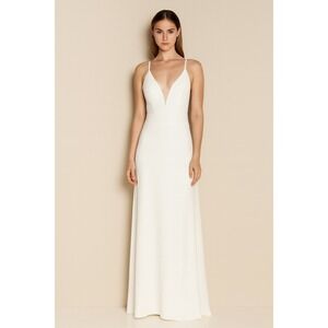 White Satin Slip Maxi Dress Tag L Fits S 32" Bust Deep V Minimalist Bridal Prom‎